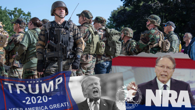 Collage of images of armed protestors, Wayne Lapierre, President Trump, and others.