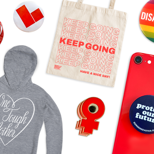 A flat lay of Everytown for Gun Safety merch, including a tote bag, sweatshirt, pins, and more
